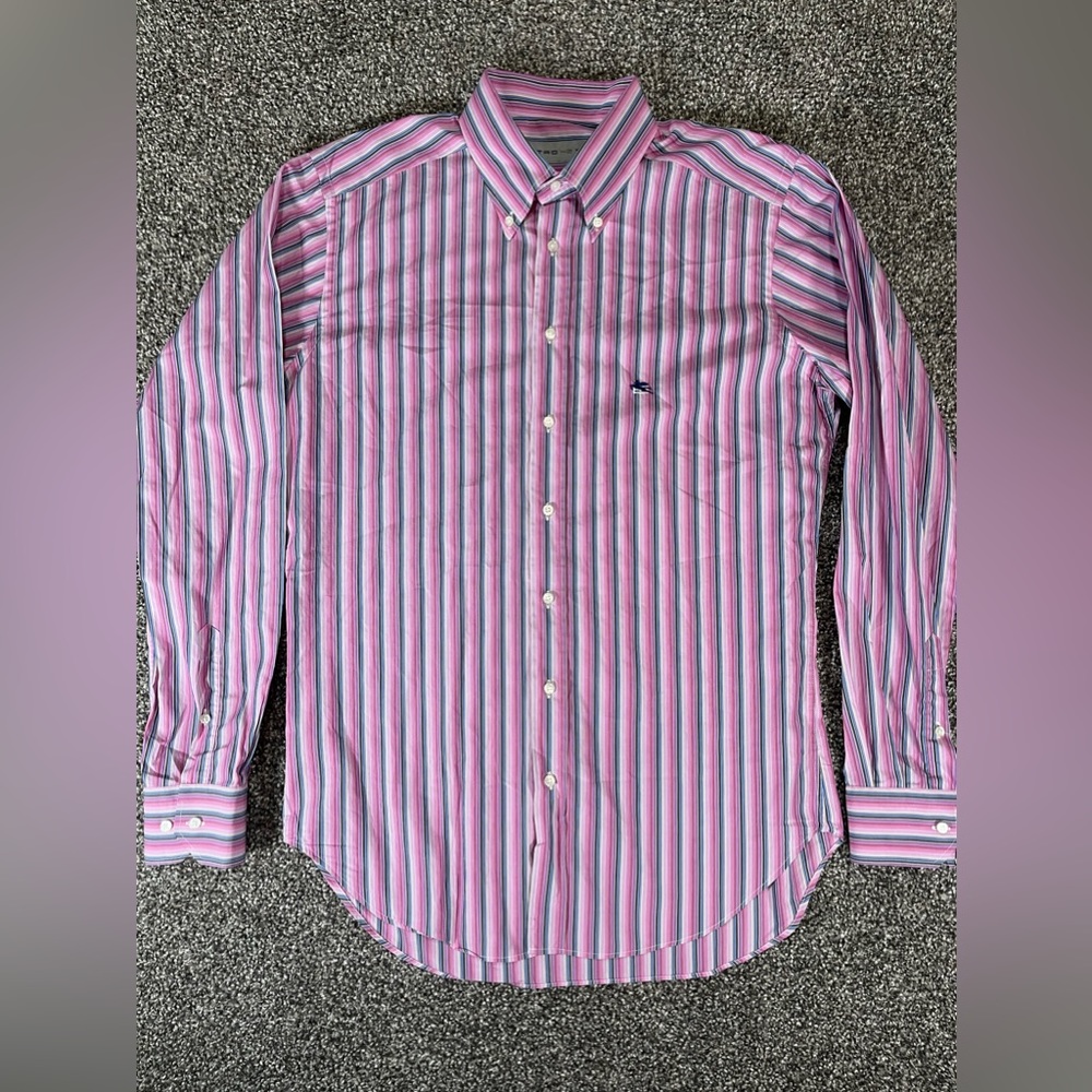 Etro Button Up Shirt Mens Size 42 Large Long Sleeve Multicolor Stripe Italy Made
